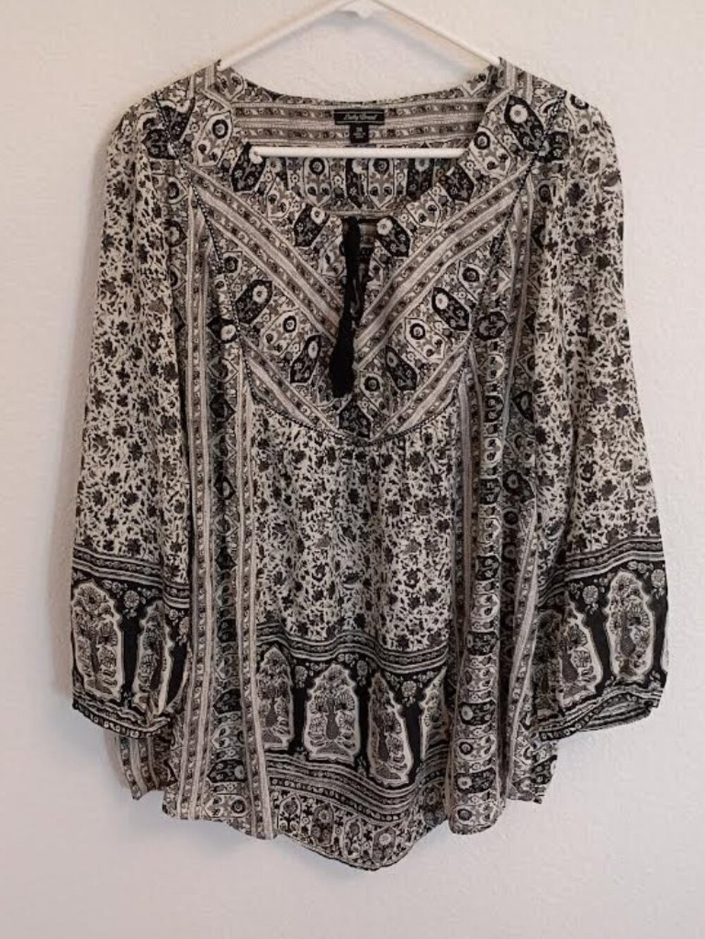 LUCKY BRAND WOMEN'S TOP BLACK CREAM FLORAL 3/4 SLEEVE TASSEL TIE NECK BOHO 3X